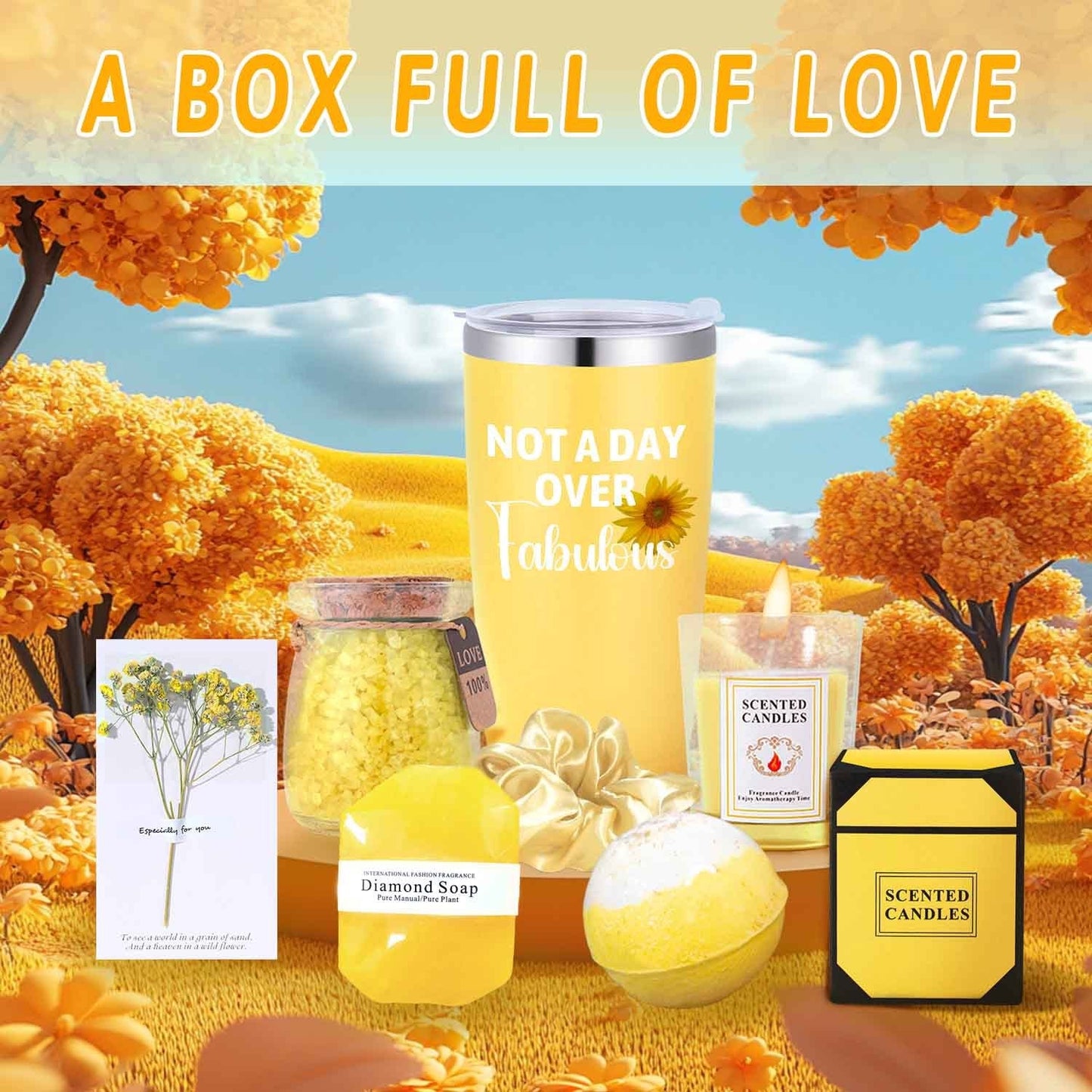 8pcs Fabulous Yellow Gift Set for Women - Includes Insulated Tumbler, Greeting Card, Hair Tie, Scented Candle, Bath Salts, Bath Bomb, Soap, and Elegant Gift Box - Perfect for Christmas & Thanksgiving, Gift Set, Scented Candle