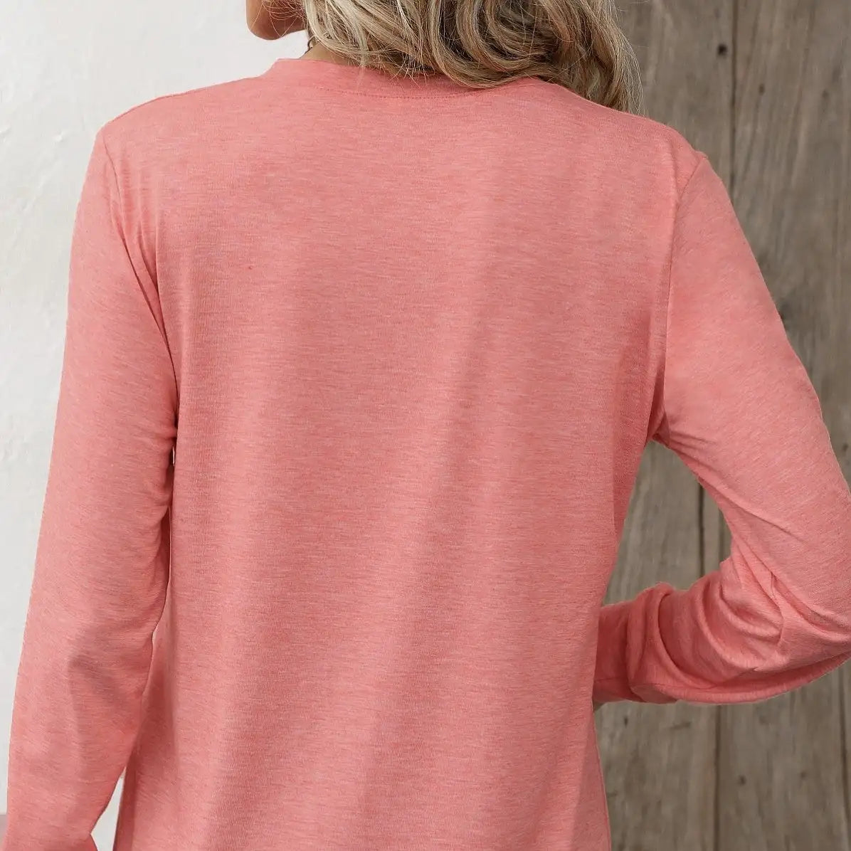 Ladies' Fashion New Button Peach Red Open Neck T-shirt Casual Top