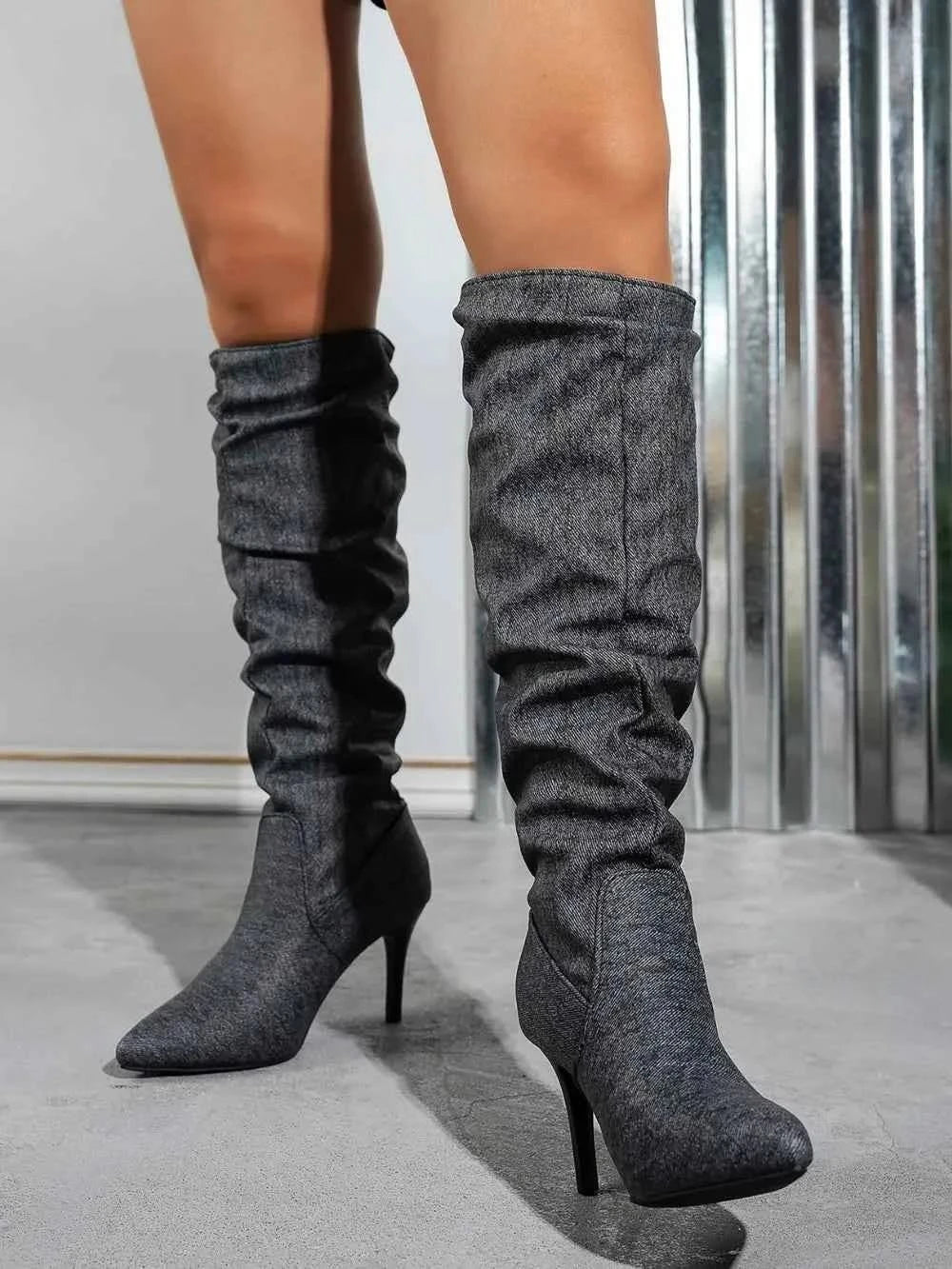 Denim Point Toe : Stiletto Boots