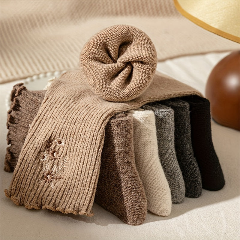 6 Pairs Floral Embroidery Socks, Comfy & Soft Lettuce Trim Socks, Women's Stockings & Hosiery