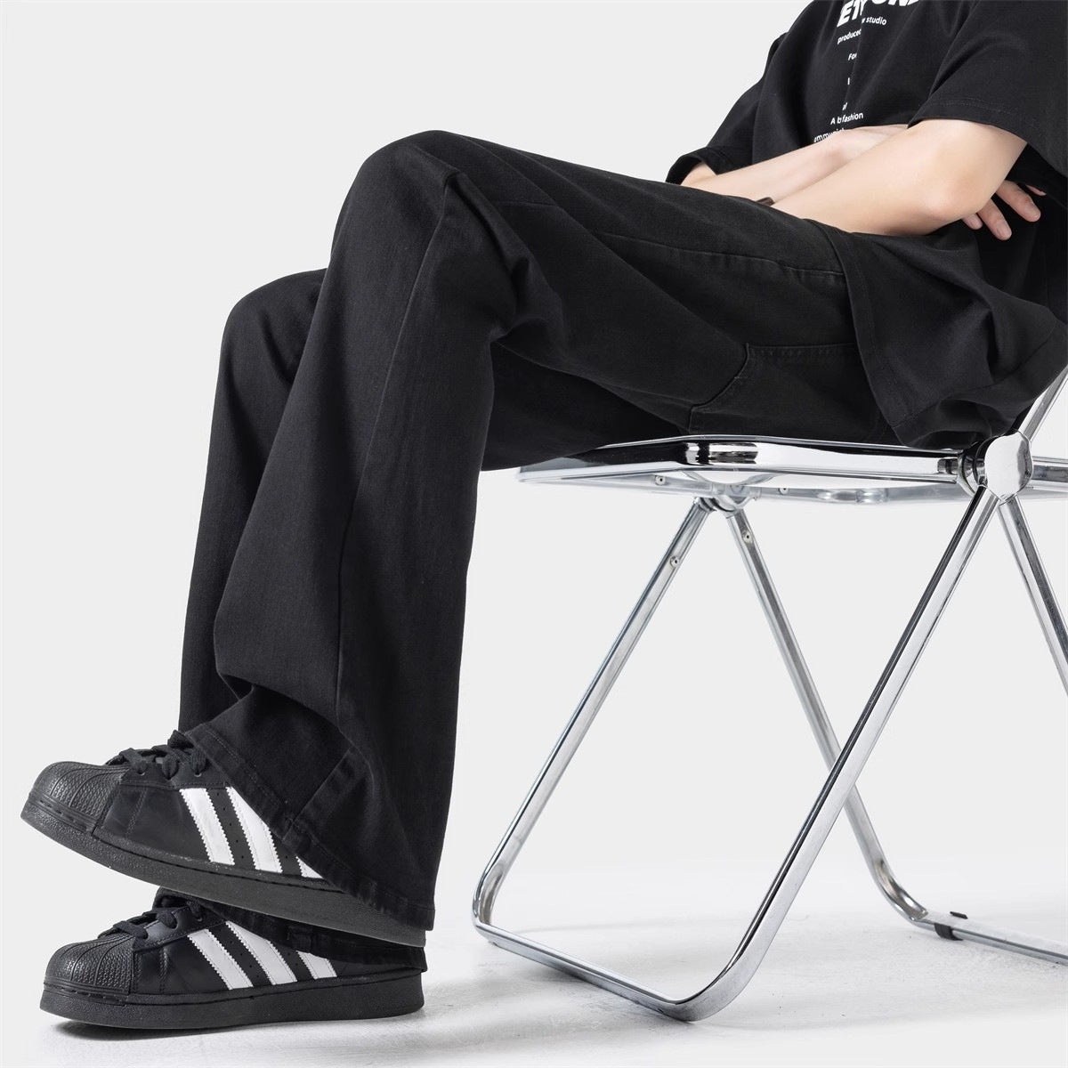 Black Casual Trousers Straight Micro-pull