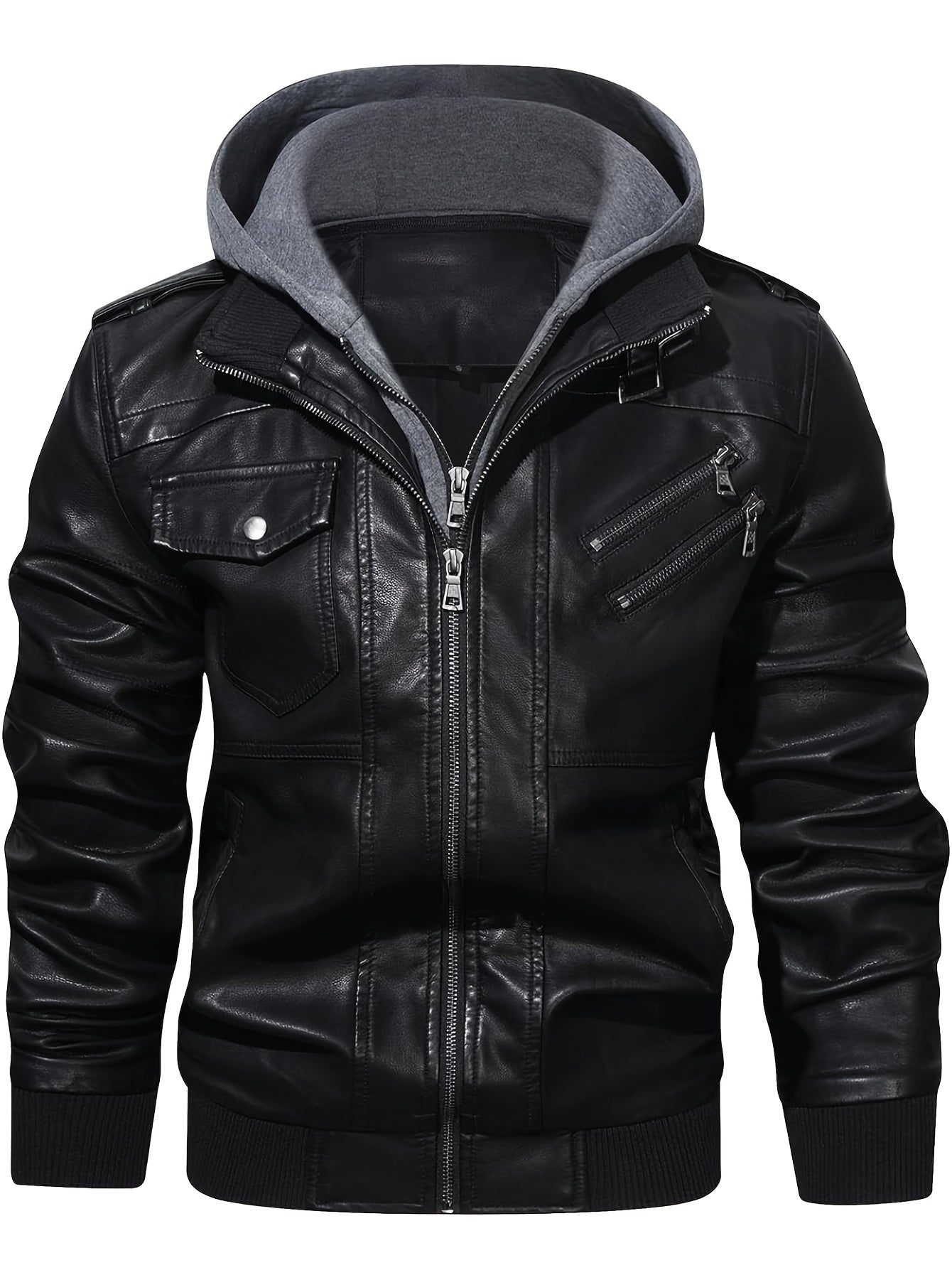 Men's PU Leather Hooded Jacket – Casual Zippered Long Sleeve with Pockets, Solid Color, Regular Fit - Premium jacket from Lizard Vigilante - Just $69.88! Shop now at Lizard Vigilante