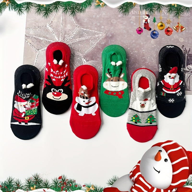 6 Pairs Christmas Cartoon Print Socks, Soft & Comfy Low Cut Ankle Socks, Women's Stockings & Hosiery