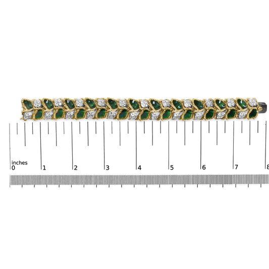 18K Yellow Gold 3 1/4 Cttw Diamond and Green Enamel Gold Textured Bracelet (G-H Color, VS1-VS2 Clarity) - 7" Inches