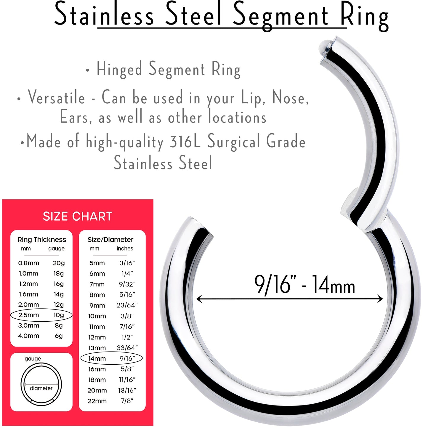 10G 9/16 316L Surgical Steel Precision Hinged Segment Hoop