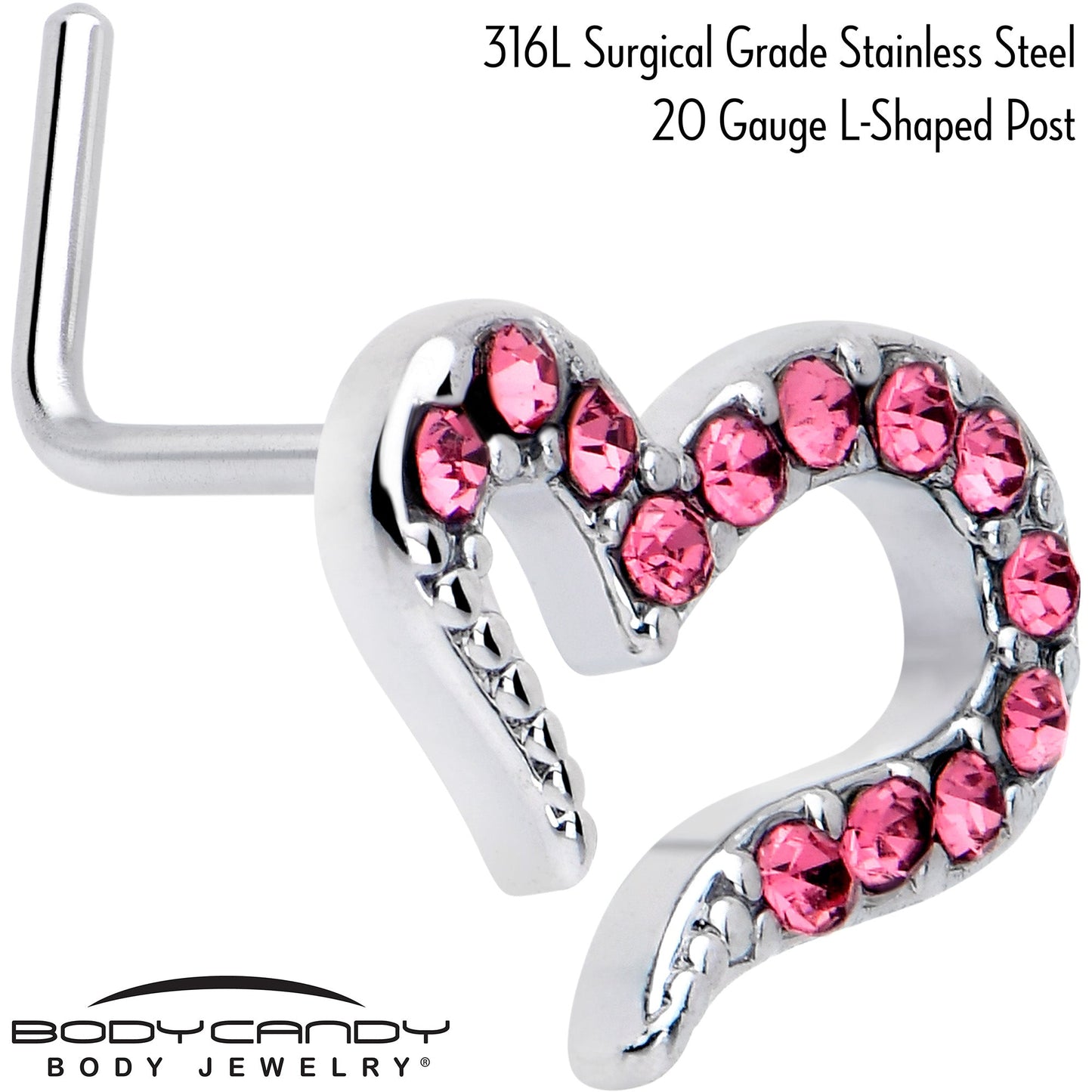 20G 7mm Pink Gem Stylized Heart L Shape Nose Ring