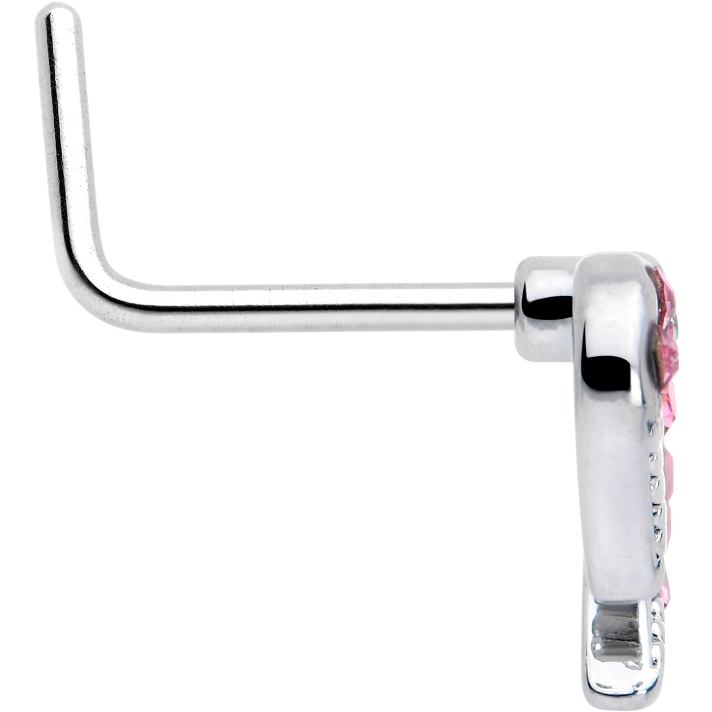 20G 7mm Pink Gem Stylized Heart L Shape Nose Ring