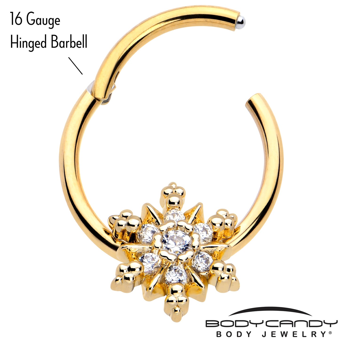 16G 3/8 Clear CZ Gem Gold Tone Glam Snowflake Hinged Segment Ring