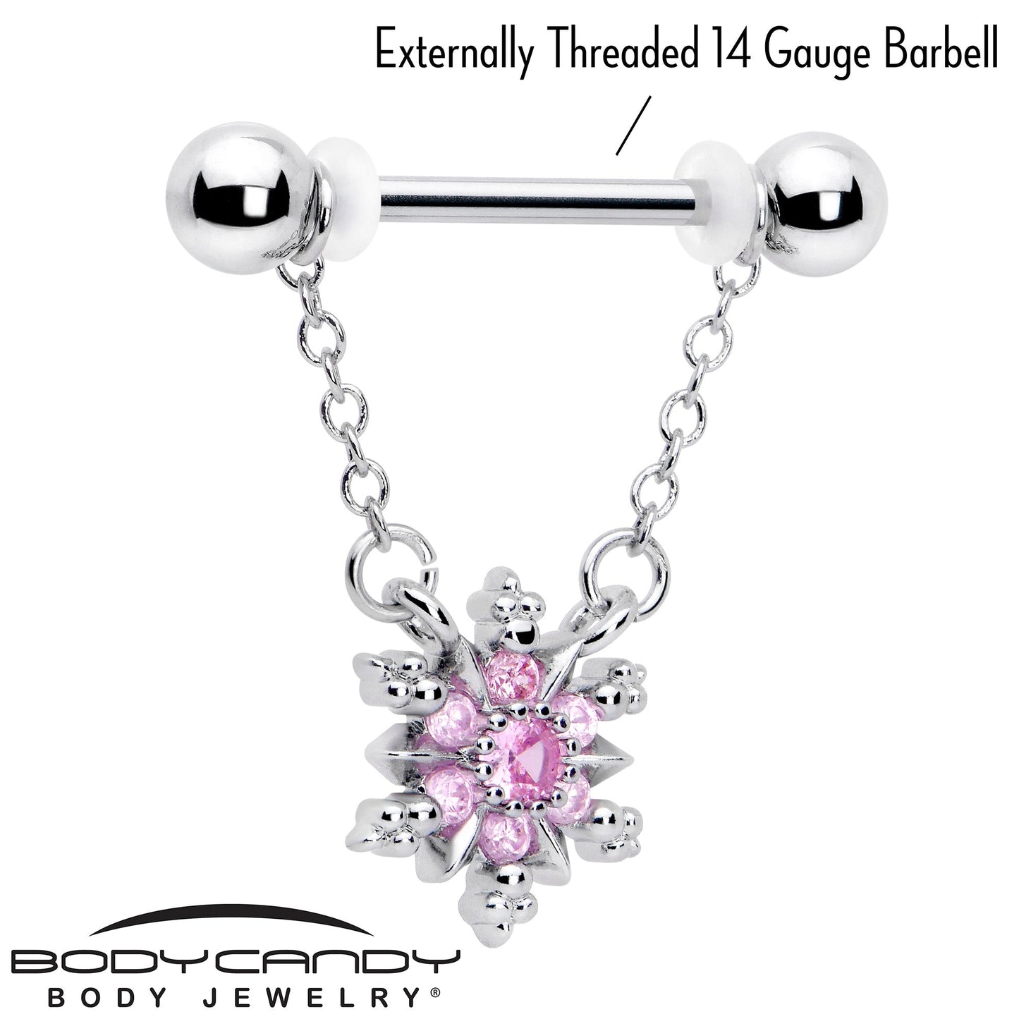 14G 9/16 Pink CZ Gem Glam Snowflake Chain Dangle Nipple Ring Set