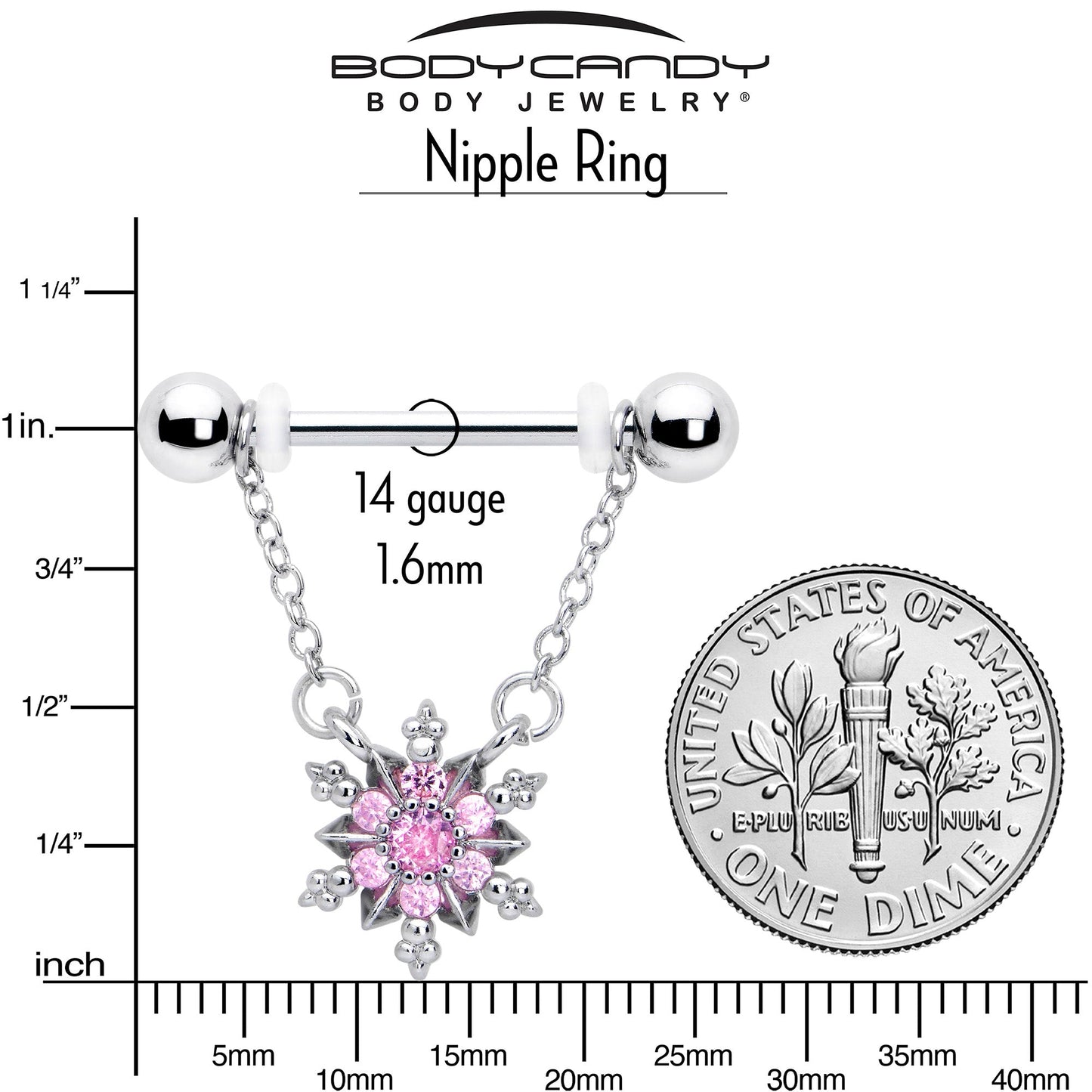 14G 9/16 Pink CZ Gem Glam Snowflake Chain Dangle Nipple Ring Set
