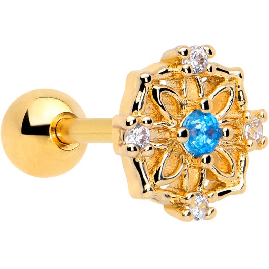 16G 1/4 Blue CZ Gem Gold Tone Flower Ring Cartilage Tragus Earring