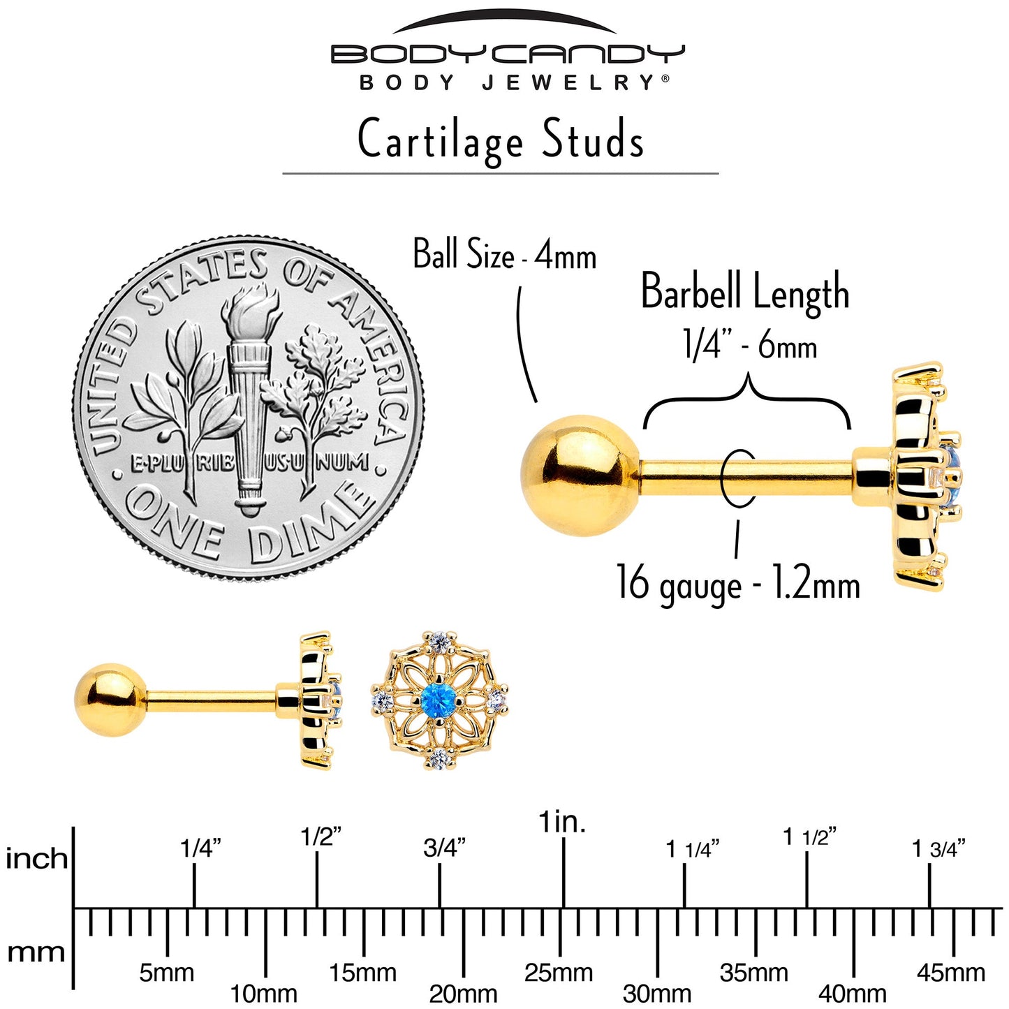 16G 1/4 Blue CZ Gem Gold Tone Flower Ring Cartilage Tragus Earring