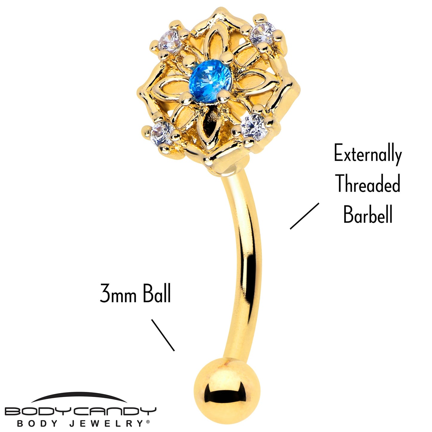 16G 5/16 Blue CZ Gem Gold Tone Flower Ring Curved Eyebrow Ring