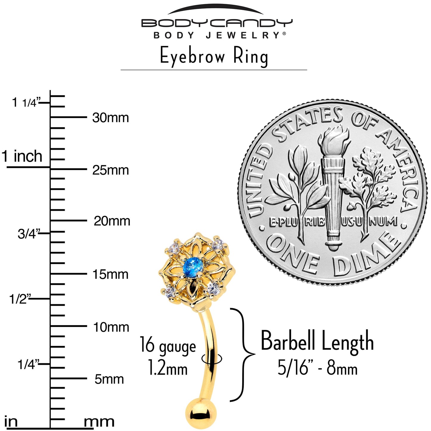 16G 5/16 Blue CZ Gem Gold Tone Flower Ring Curved Eyebrow Ring