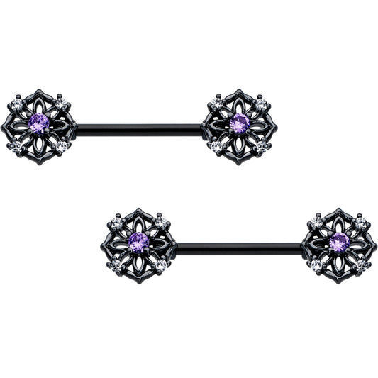 14G 9/16 Purple CZ Gem Black Flower Ring Barbell Nipple Ring Set