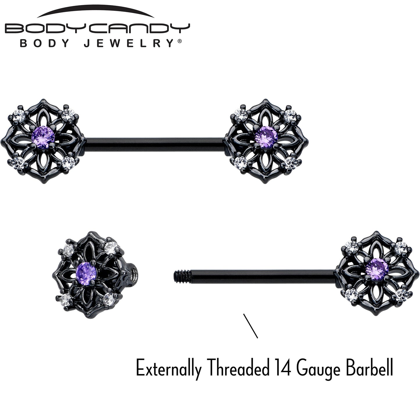 14G 9/16 Purple CZ Gem Black Flower Ring Barbell Nipple Ring Set