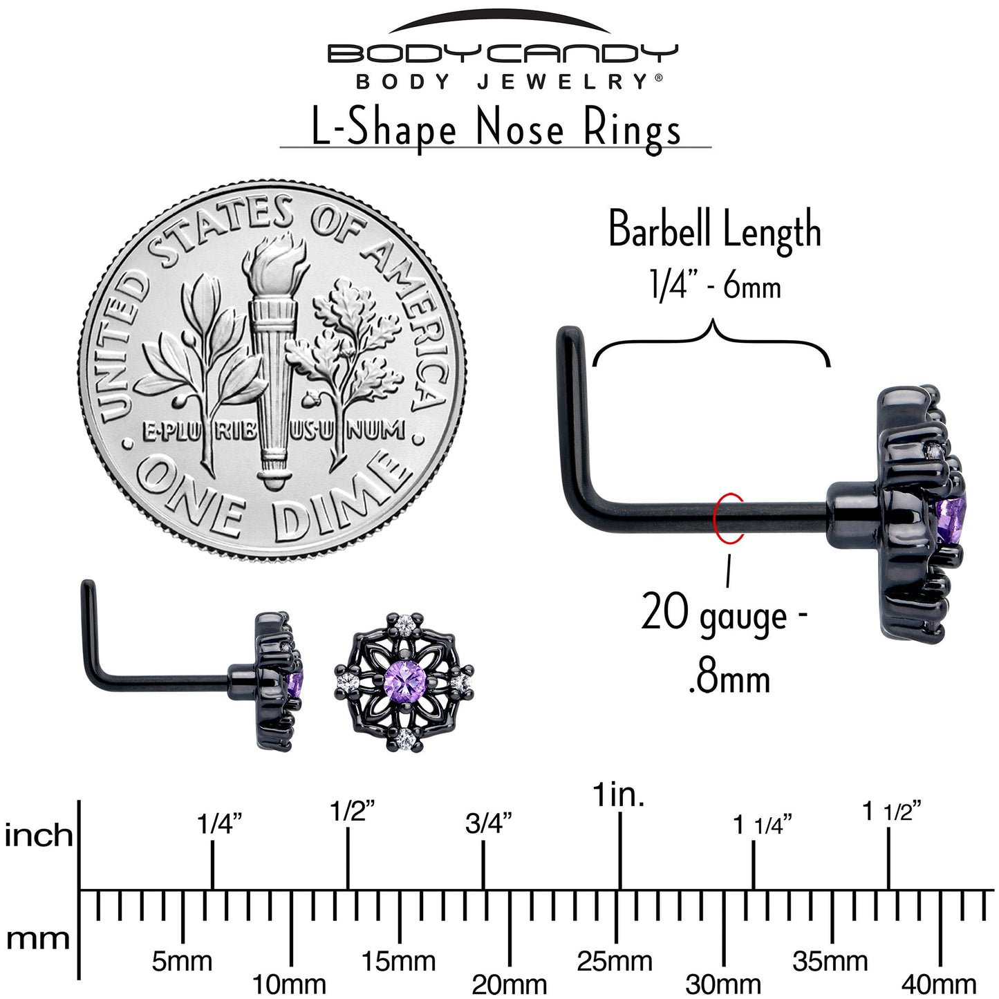 20G 7mm Purple CZ Gem Black Flower Ring L Shape Nose Ring