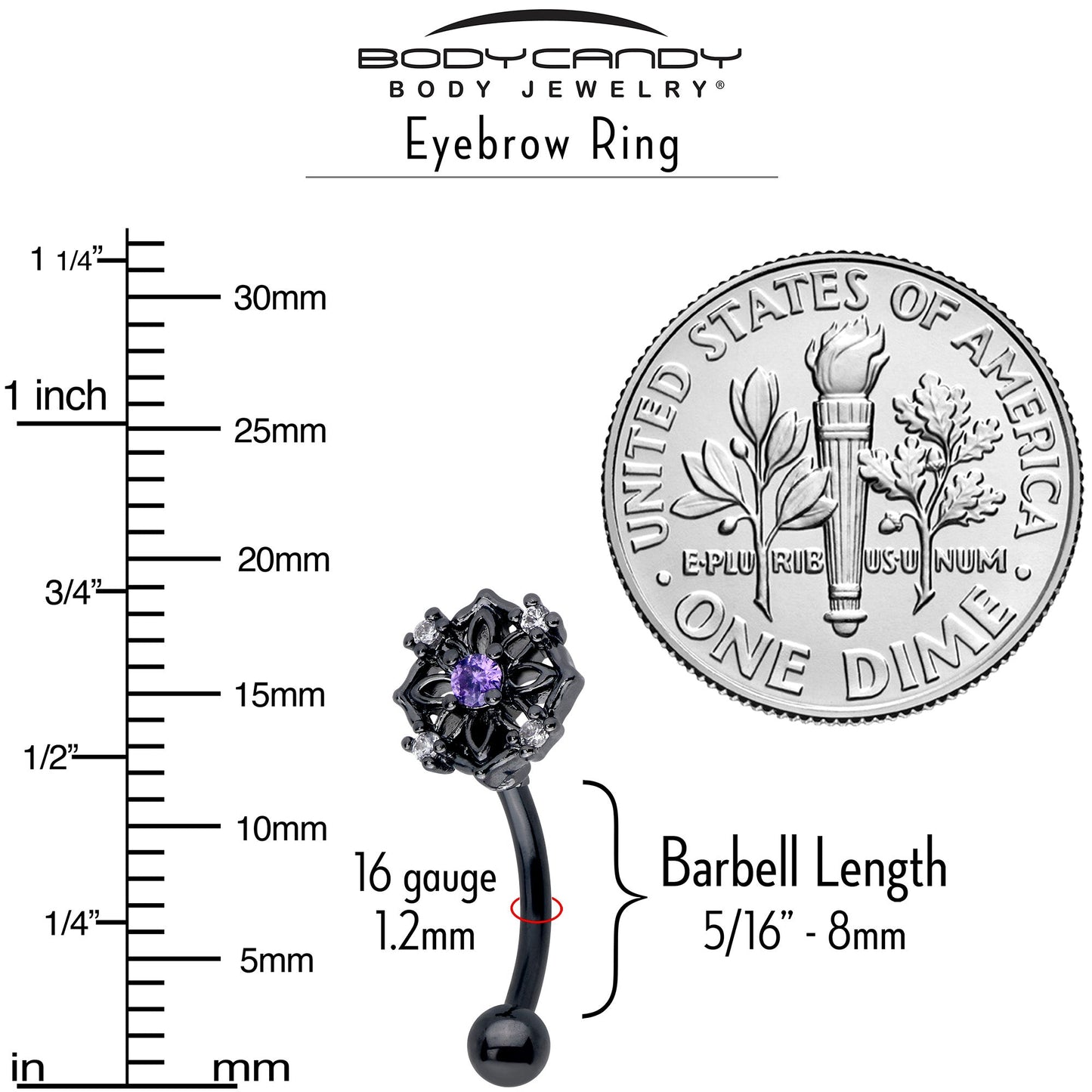 16G 5/16 Purple CZ Gem Black Flower Ring Curved Eyebrow Ring