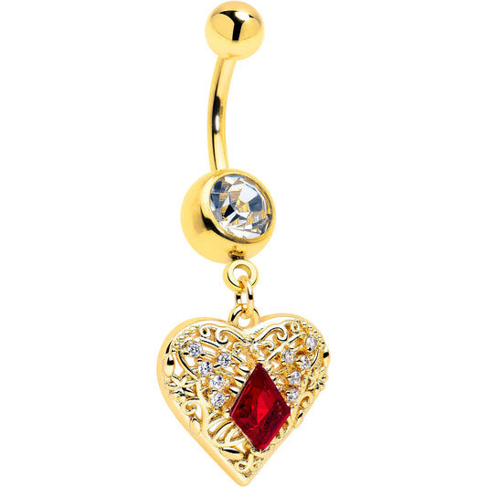 Red CZ Gem Gold Tone Heart Queen Dangle Belly Ring