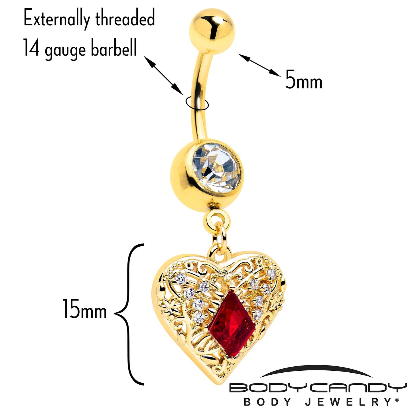 Red CZ Gem Gold Tone Heart Queen Dangle Belly Ring