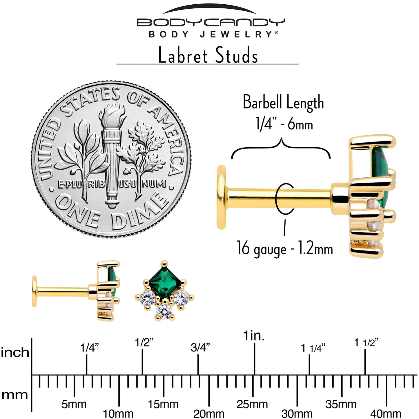 16G 1/4 Green Clear CZ Gem Gold Tone Rhombus Riot Flatback Stud