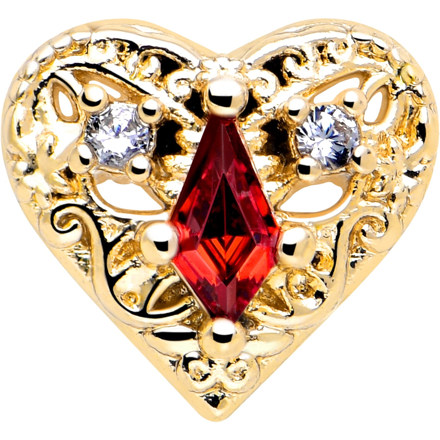 16G 1/4 Red CZ Gem Gold Tone Heart Queen Flatback Stud