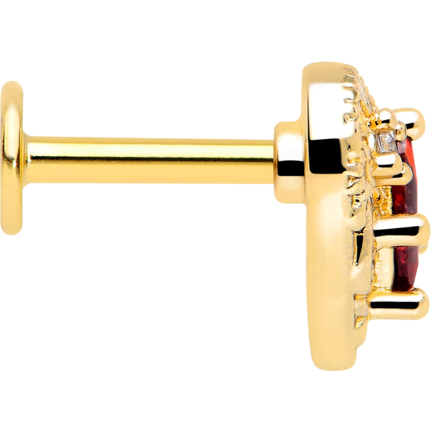16G 1/4 Red CZ Gem Gold Tone Heart Queen Flatback Stud