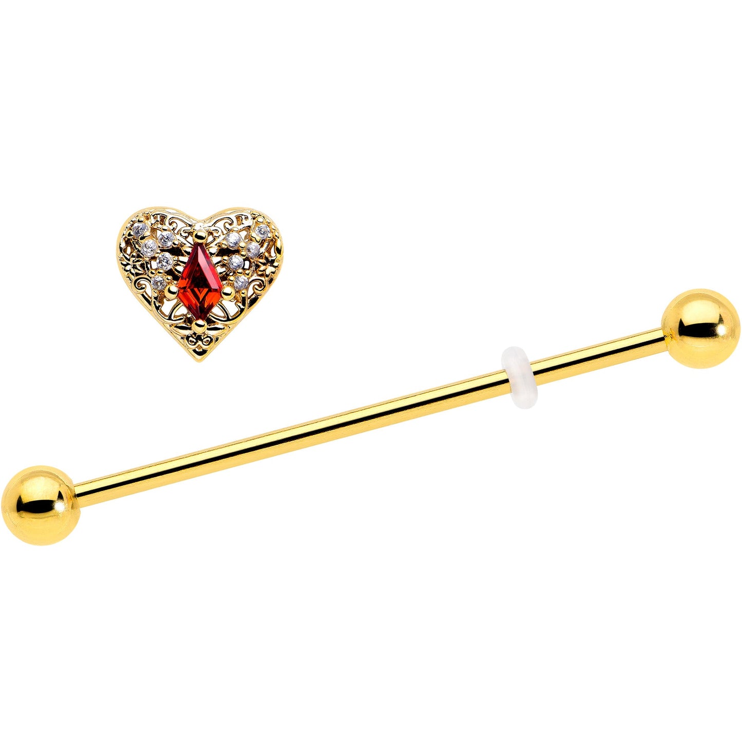 14G Red CZ Gem Gold Tone Heart Queen Industrial Barbell 38mm