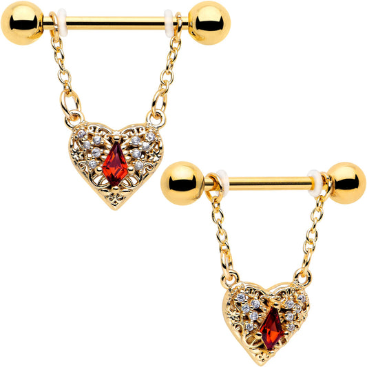 14G 9/16 Red CZ Gem Gold Tone Heart Queen Dangle Nipple Ring Set