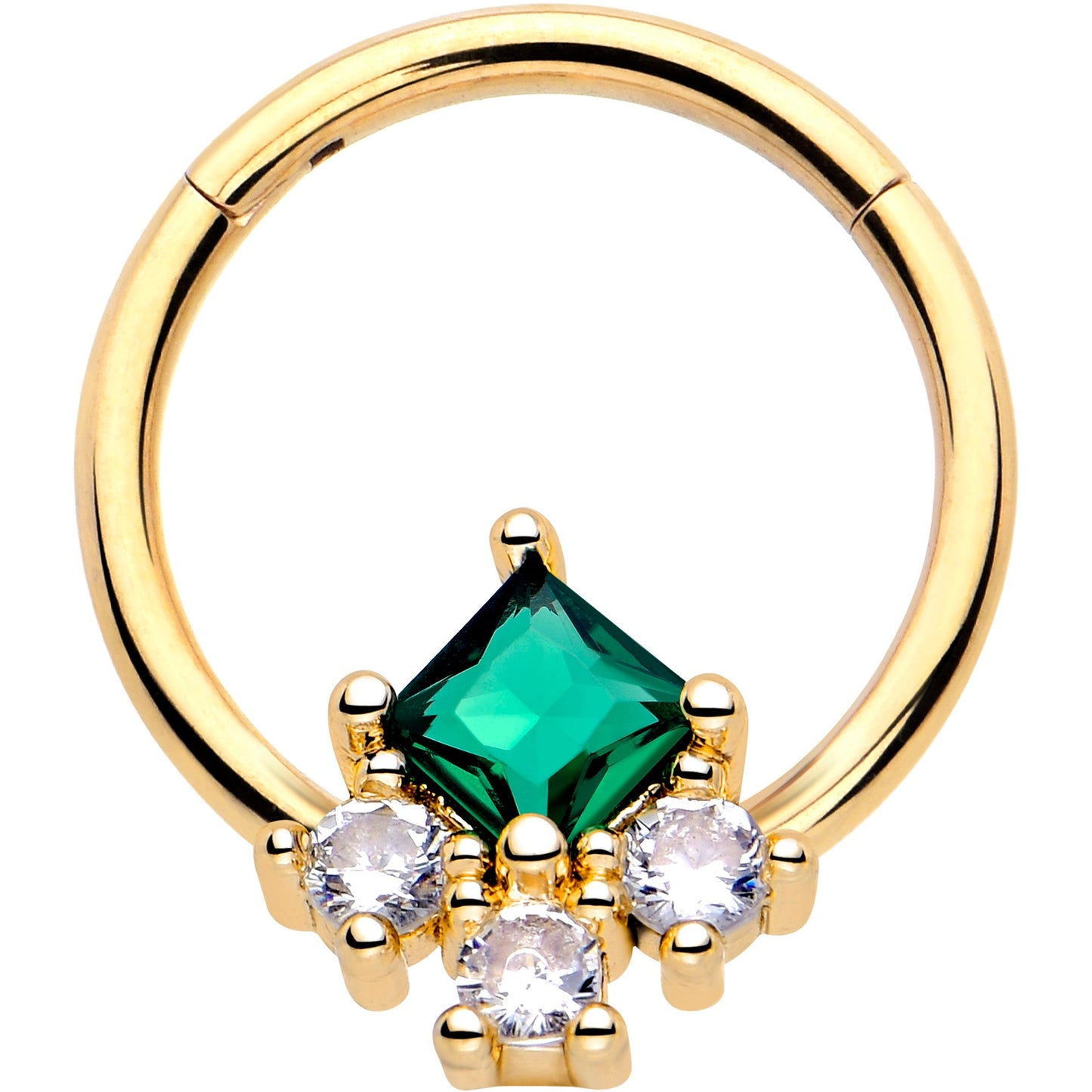 16G 3/8 Green CZ Gem Gold Tone Rhombus Riot Hinged Segment Ring