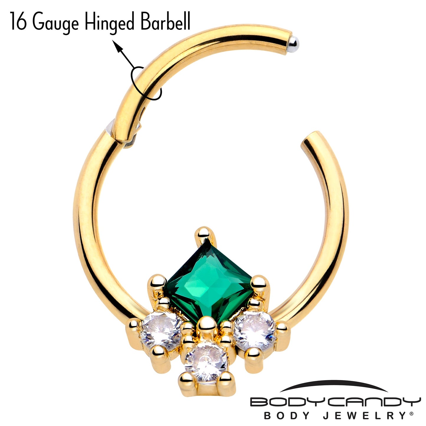 16G 3/8 Green CZ Gem Gold Tone Rhombus Riot Hinged Segment Ring