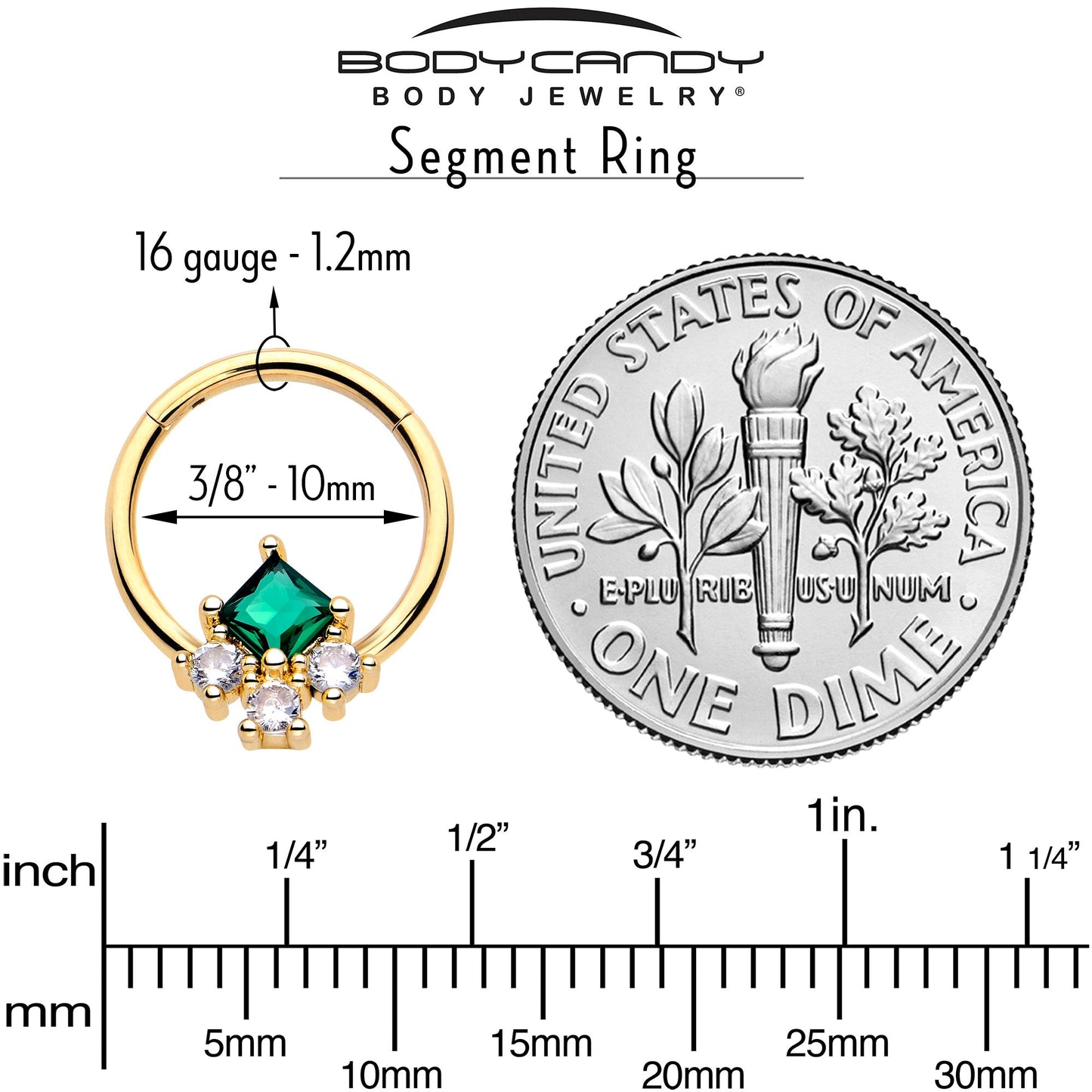 16G 3/8 Green CZ Gem Gold Tone Rhombus Riot Hinged Segment Ring