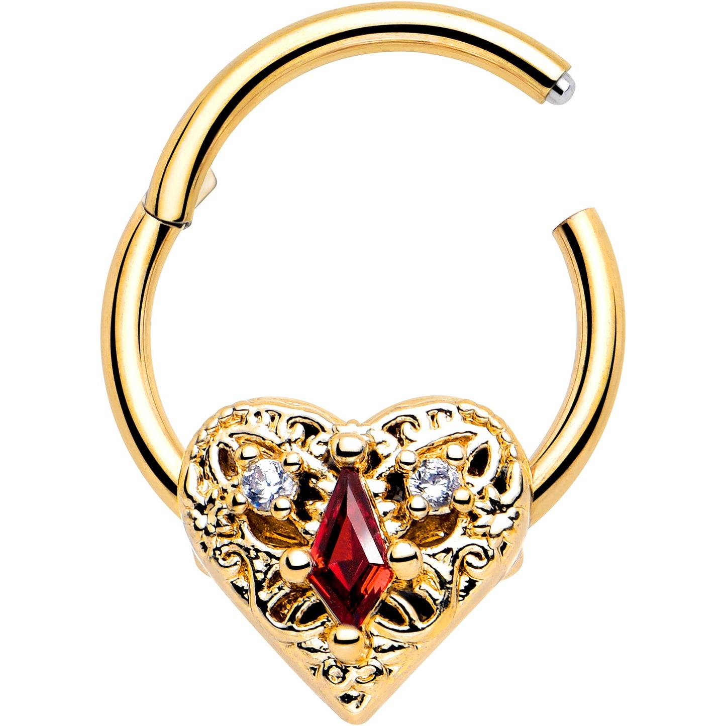 16G 3/8 Red CZ Gem Gold Tone Heart Queen Hinged Segment Ring