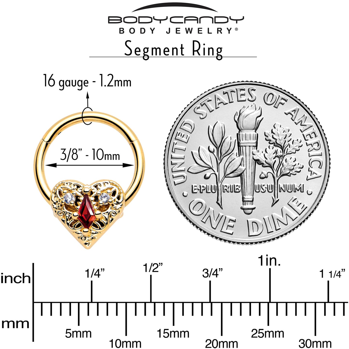 16G 3/8 Red CZ Gem Gold Tone Heart Queen Hinged Segment Ring
