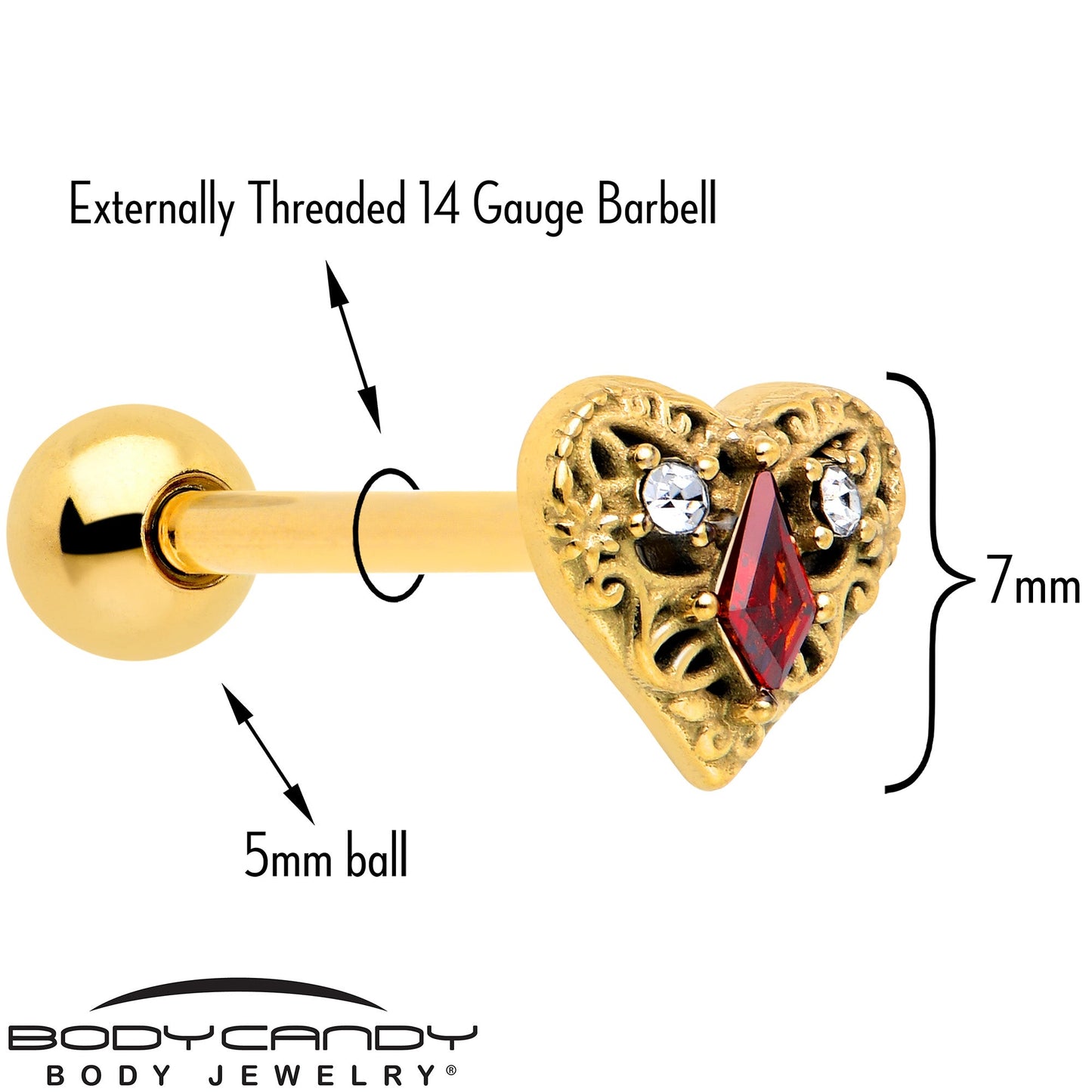 Red CZ Gem Gold Tone Heart Queen Barbell Tongue Ring