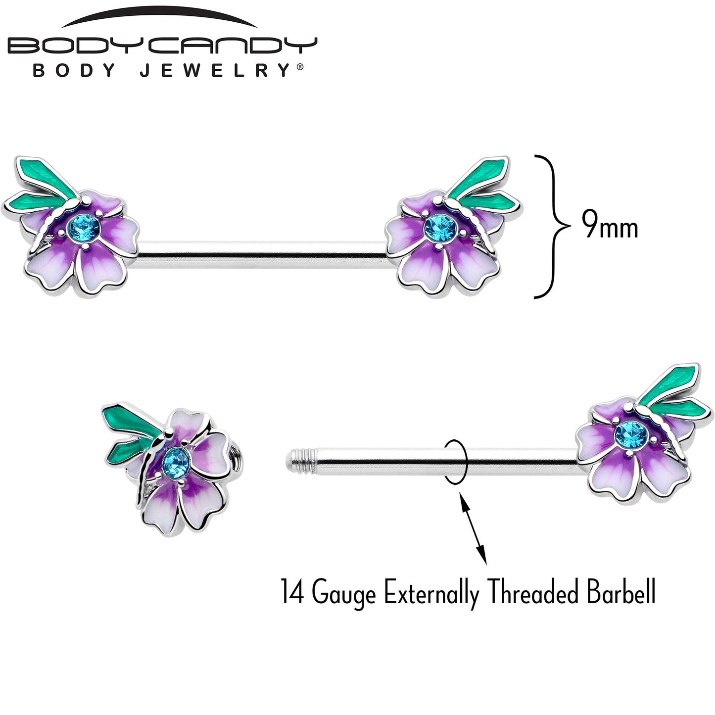 14G 9/16 Blue Gem Faerie Flower Purple Barbell Nipple Ring Set