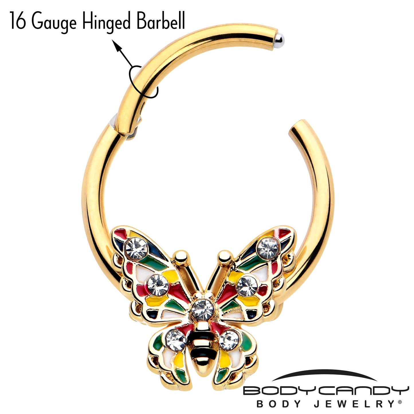 16G 3/8 Clear Gem Gold Tone Color Block Butterfly Hinged Segment Ring