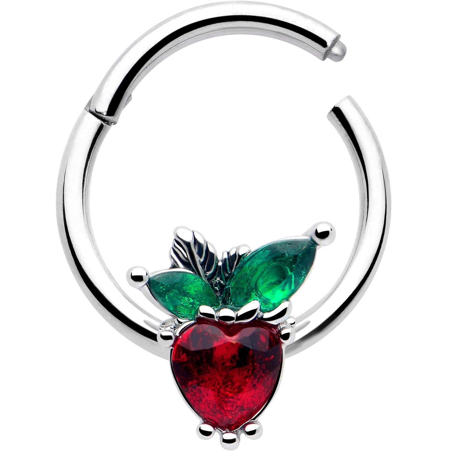 16G 3/8 Red Green Gem Strawberry Heart Hinged Segment Ring