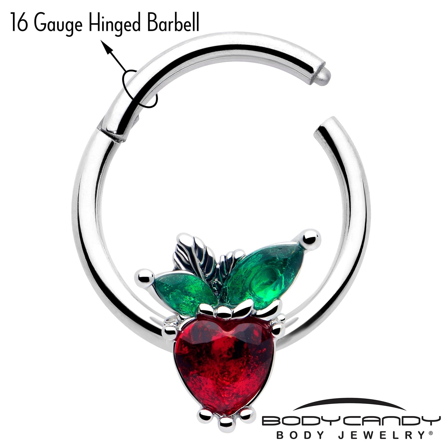 16G 3/8 Red Green Gem Strawberry Heart Hinged Segment Ring