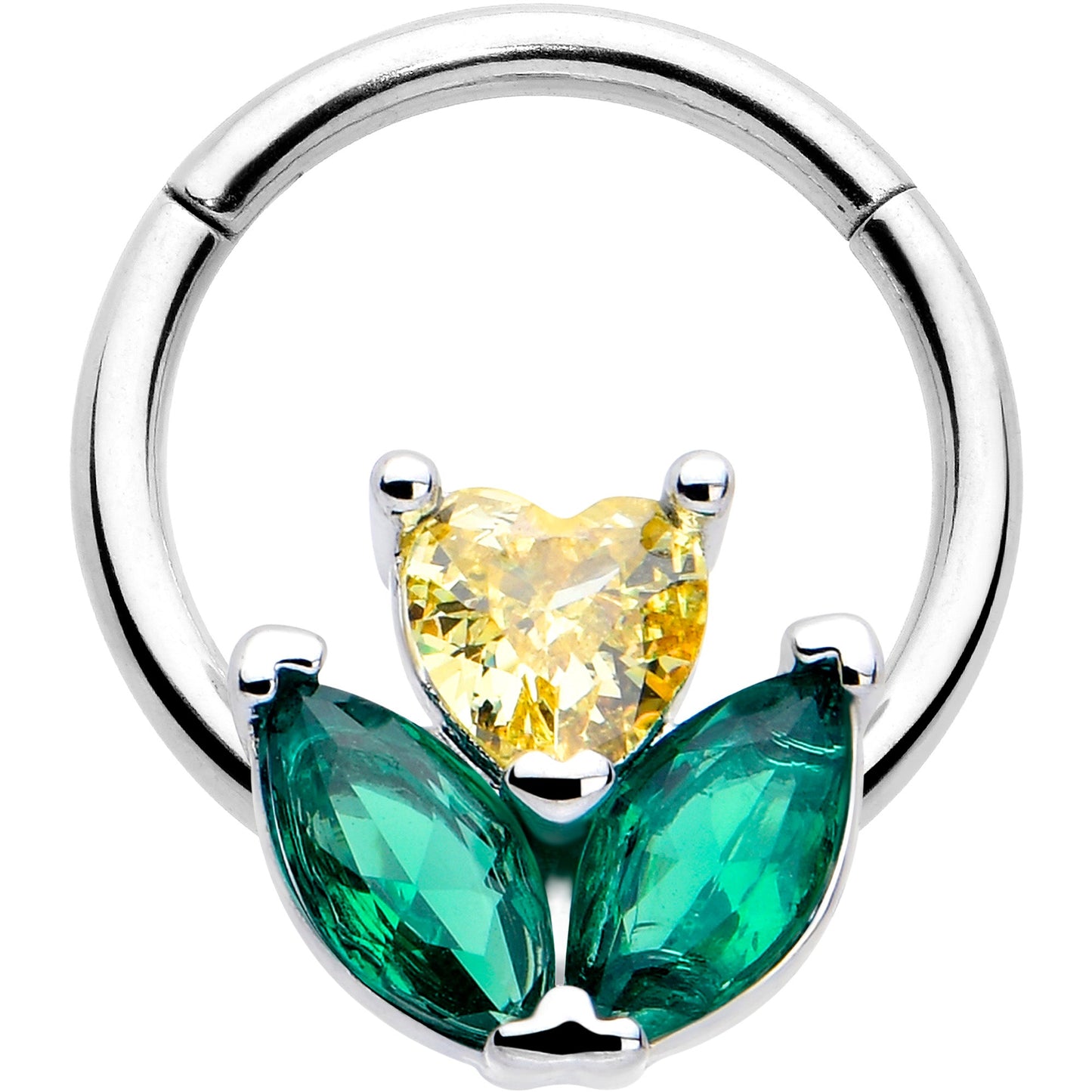 16G 5/16 Yellow Green CZ Gem Love Flower Hinged Segment Ring