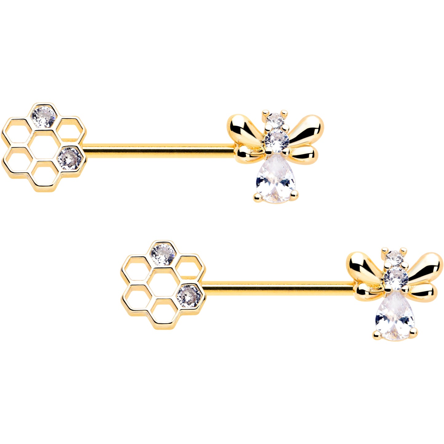 14G 9/16 Clear CZ Gem Gold Tone Bee Hive Luv Barbell Nipple Ring Set