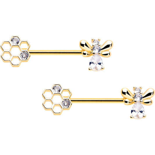 14G 9/16 Clear CZ Gem Gold Tone Bee Hive Luv Barbell Nipple Ring Set
