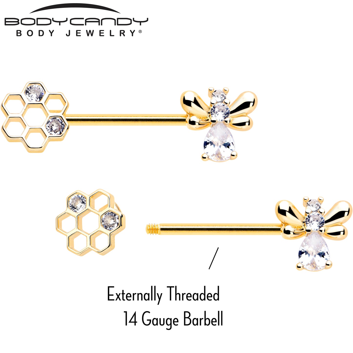 14G 9/16 Clear CZ Gem Gold Tone Bee Hive Luv Barbell Nipple Ring Set