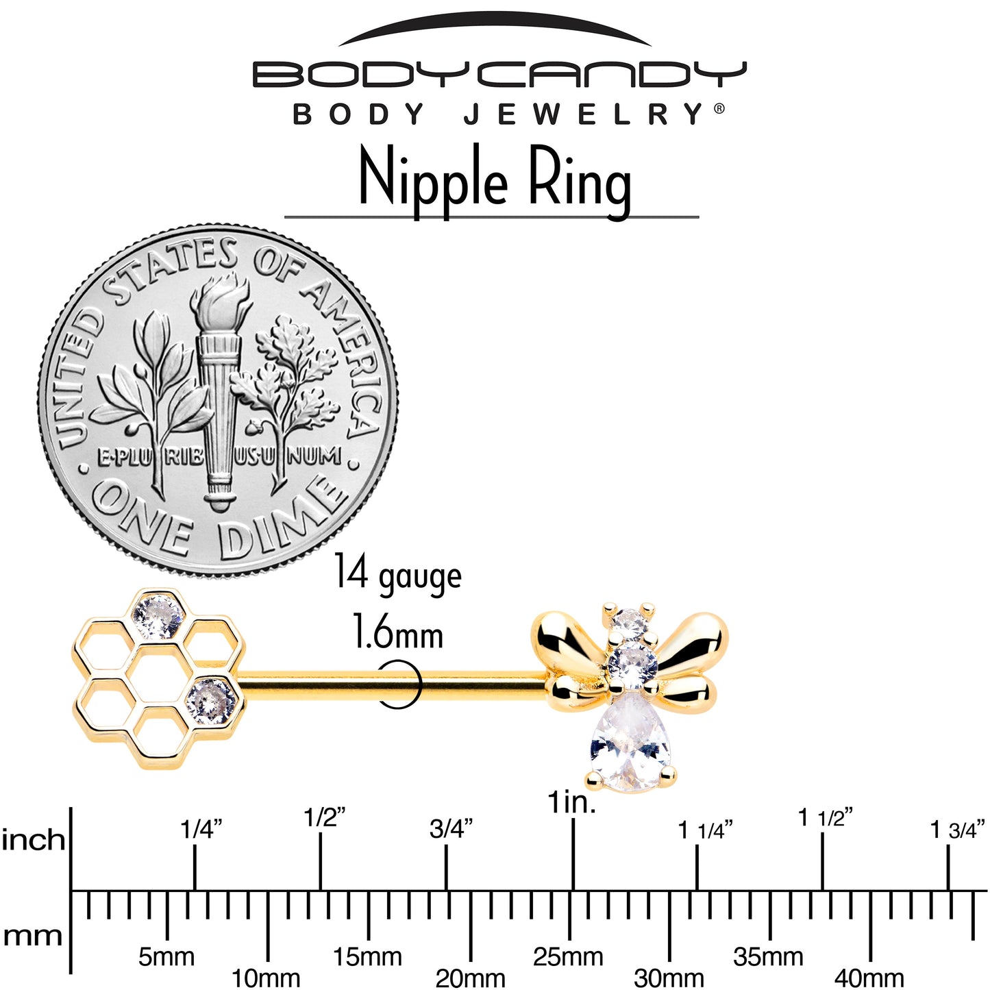 14G 9/16 Clear CZ Gem Gold Tone Bee Hive Luv Barbell Nipple Ring Set