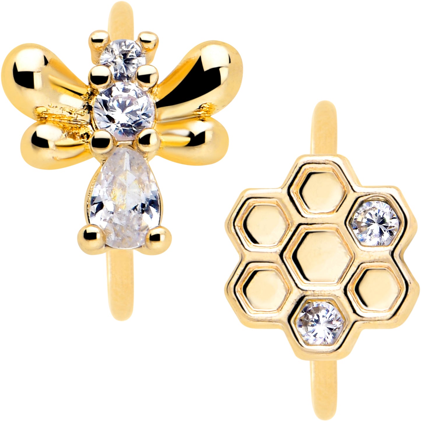 20G 5/16 Clear CZ Gem Gold Tone Bee Hive Luv Nose Hoop Set of 2
