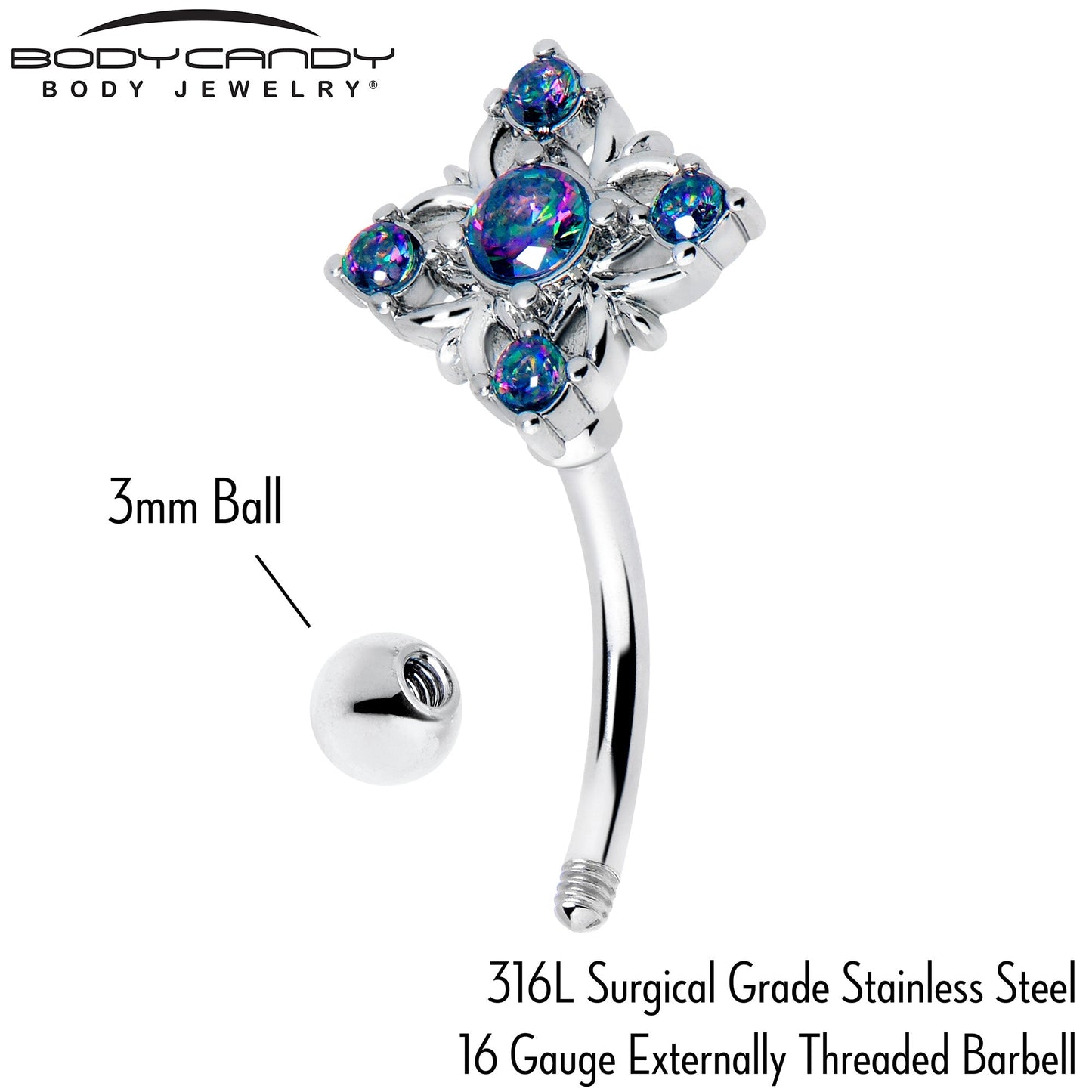 16G 5/16 Vitrail CZ Gem Beauty Cross Curved Eyebrow Ring