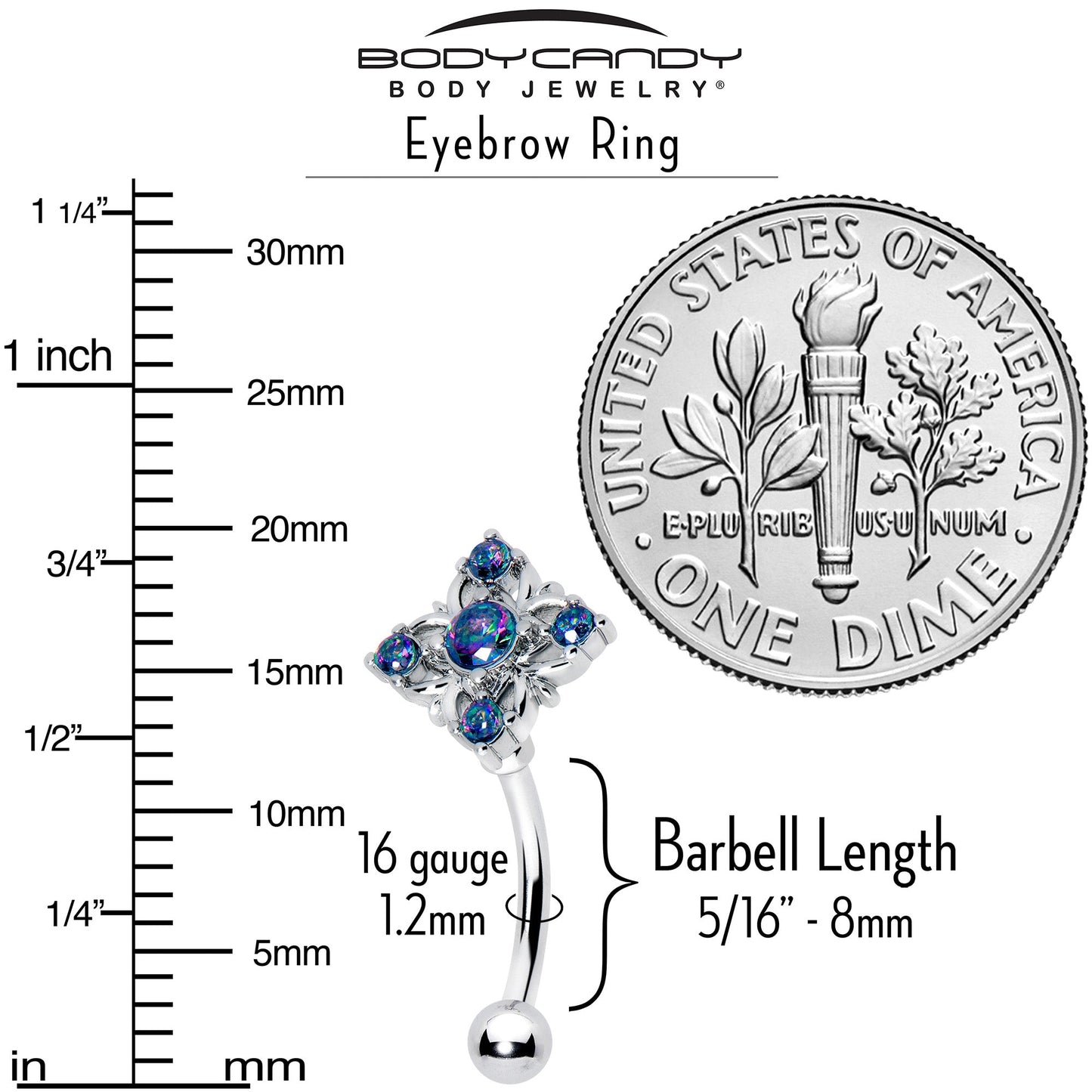 16G 5/16 Vitrail CZ Gem Beauty Cross Curved Eyebrow Ring