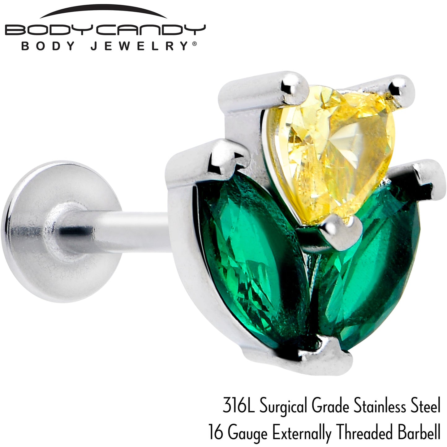 16G 5/16 Yellow Green CZ Gem Love Flower Labret Monroe Tragus