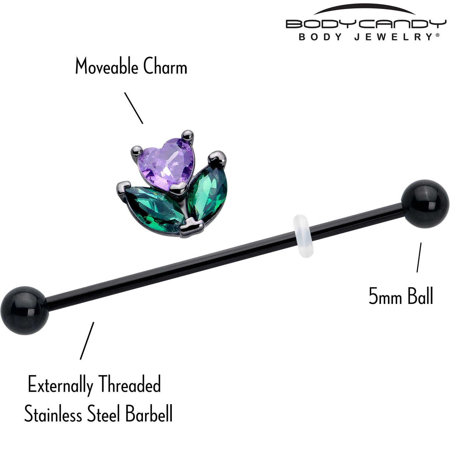 14G Purple Green CZ Gem Black Love Flower Industrial Barbell 38mm