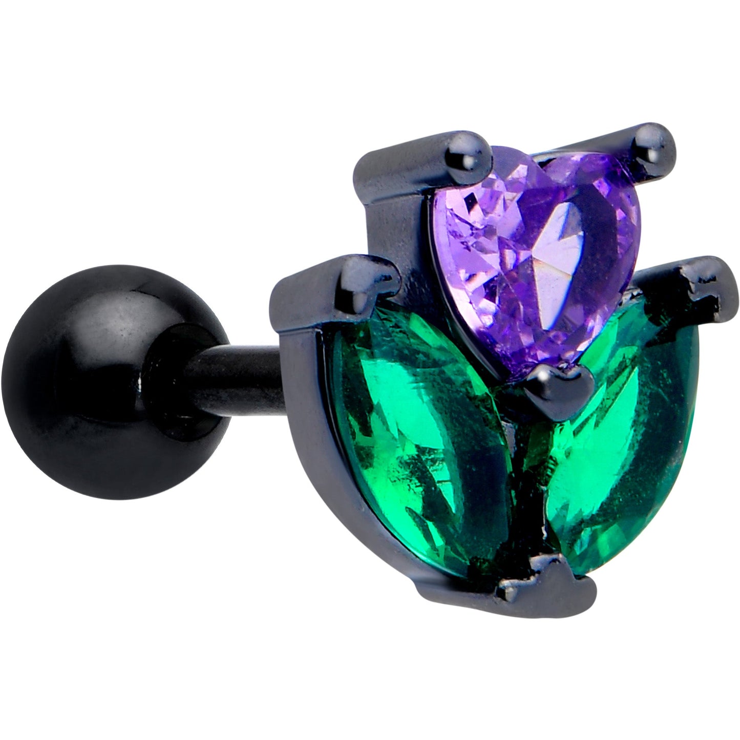 16G 1/4 Purple Green CZ Gem Black Love Flower Cartilage Earring